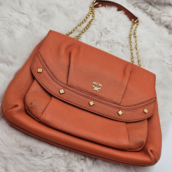 Auth. MCM‎ bright orange leather vintage gold chain crossbody convertible strap - Picture 17 of 17